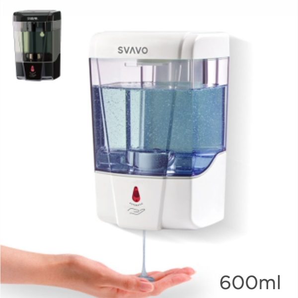 ReThink BioClean's white and clear automatic soap dispenser with a small black version in the upper left hand corner.