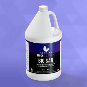 A ReThink BioClean's jug of Bio San dishwashing liquid cleaner.