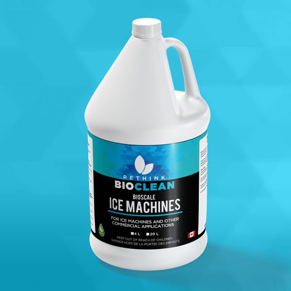 A ReThink BioClean's jug of Bioscale Ice Machines dishwashing liquid cleaner.