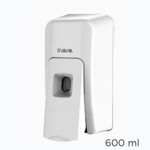 ReThink BioClean's white manual soap dispenser, with text reading 600ml.
