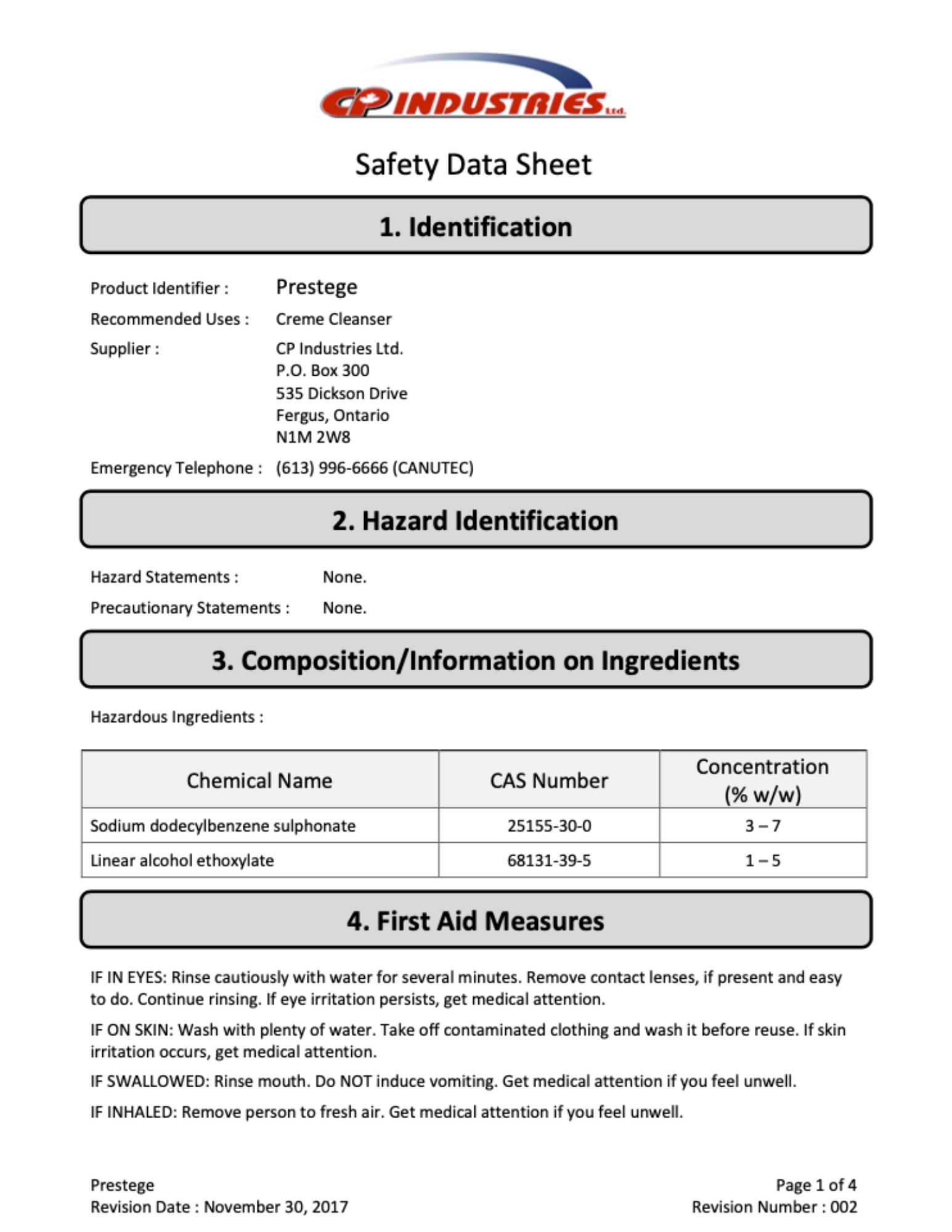 CP Industries safety data sheet on Prestege.