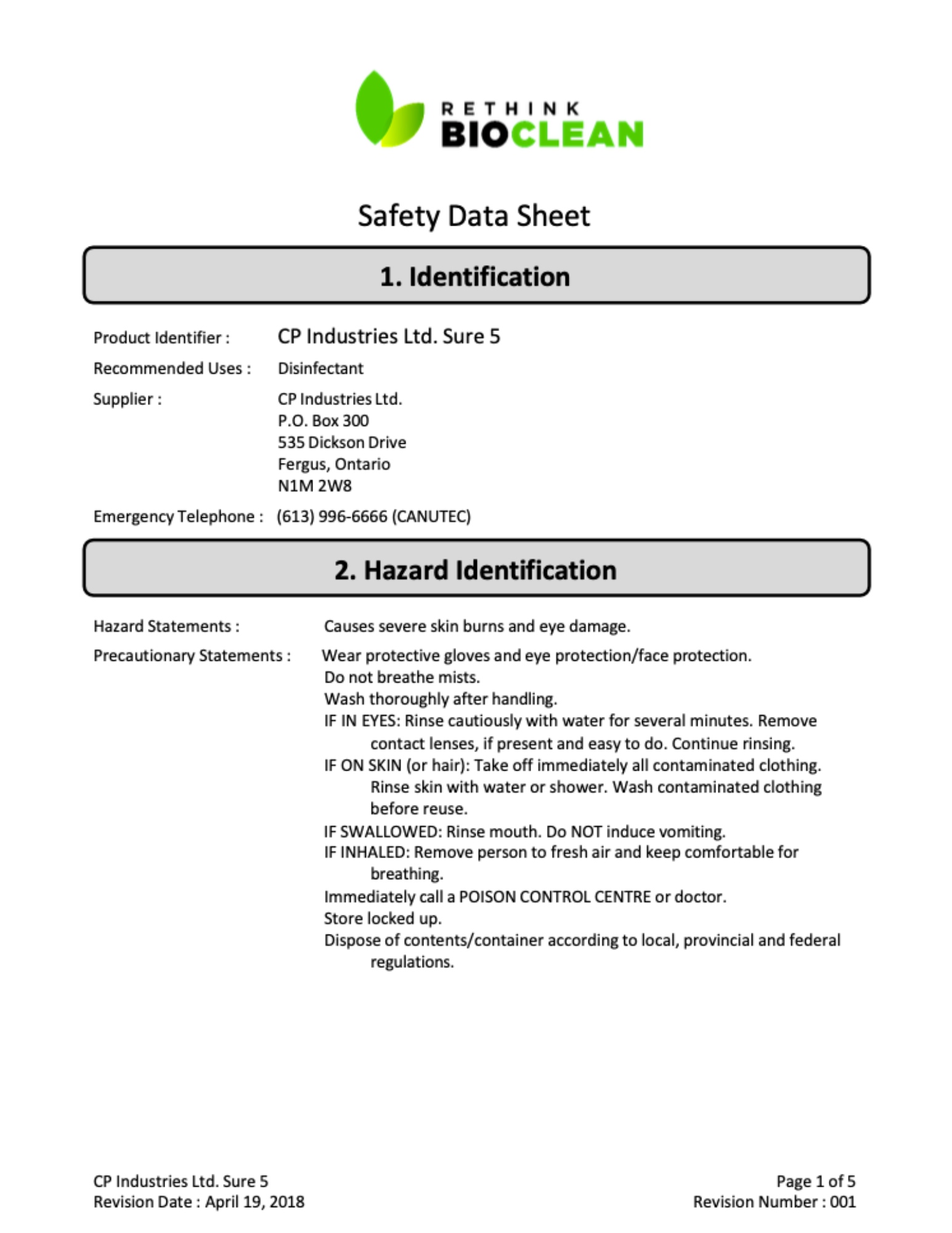 ReThink BioClean's safety data sheet on Sure 5.